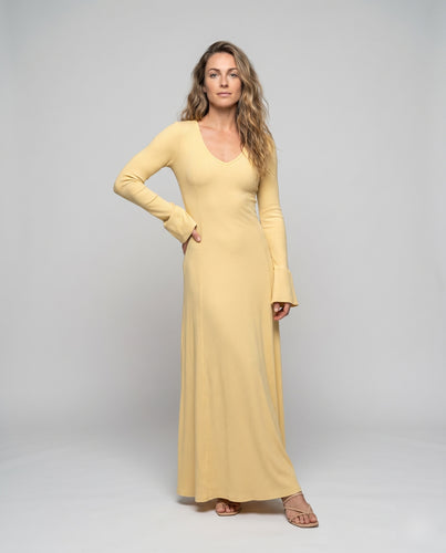 Damen Elegantes Maxikleid mit V-Ausschnitt und langen Ärmeln