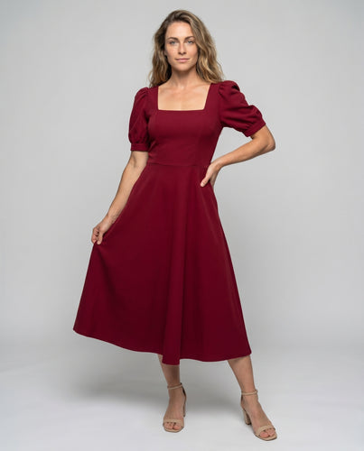 Damen Elegantes Midi-Kleid mit Puffärmeln