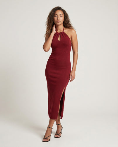 Damen Elegantes Midikleid mit tiefem V-Ausschnitt und Schlitz