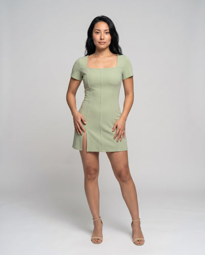 Damen Elegantes Minikleid mit quadratischem Ausschnitt und seitlichem Schlitz