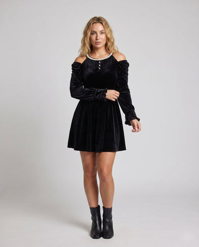 Damen Elegantes Samt-Kleid mit Puffärmeln und Schmuckdetails