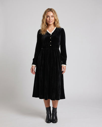 Damen Elegantes Samt-Maxi-Kleid mit langen Ärmeln und dekorativen Knopfdetails