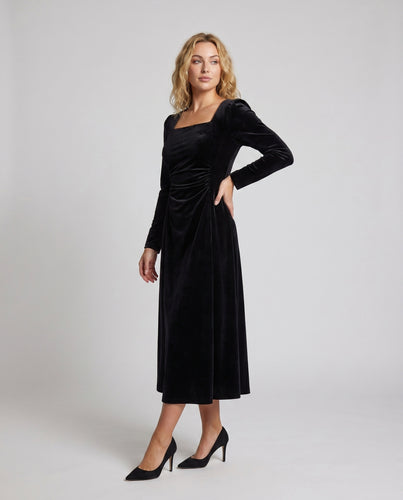 Damen Elegantes Samt-Midi-Kleid mit Puffärmeln und gerafftem Design