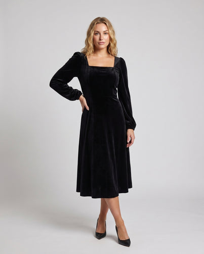 Damen Elegantes Samt-Midi-Kleid mit quadratischem Ausschnitt und Puffärmeln