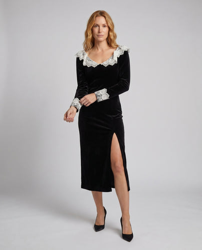 Damen elegantes Samtkleid mit Spitzenkragen und seitlichem Schlitz