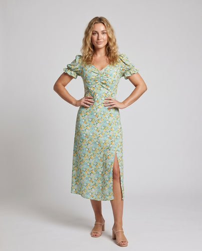 Damen figurbetontes Blumenkleid mit Puffärmeln