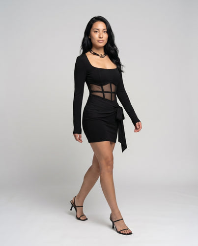 Damen Figurbetontes Kleid mit transparenten Einsätzen und innovativem Raffungseffekt