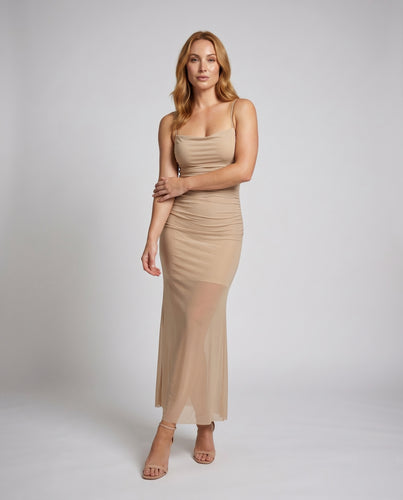 Damen figurbetontes Maxikleid mit schmalen Spaghettiträgern und elegantem Raffungseffekt