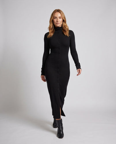 Damen figurbetontes Maxikleid mit Stehkragen und langen Ärmeln