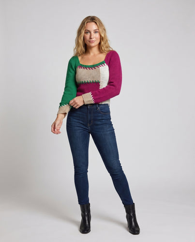 Damen Figurbetontes Strickoberteil im Patchwork-Stil
