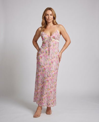 Damen Fliederblüten Midi-Kleid mit schmalen Trägern und femininer Passform