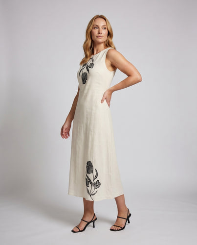 Damen Fließendes Leinenmaxikleid mit floralem Design und lässigem Schnitt