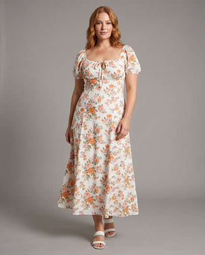 Damen florales Maxikleid mit Puffärmeln und tailliertem Schnitt
