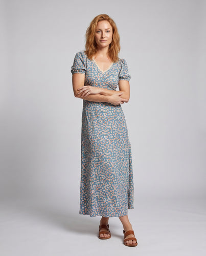 Damen florales Midi-Kleid mit verziertem V-Ausschnitt und Puffärmeln