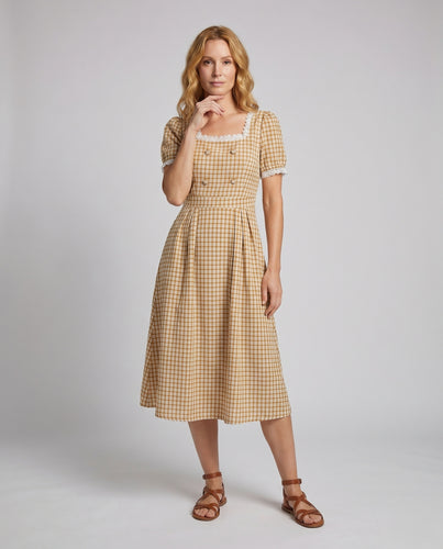 Damen Gingham-Kleid mit Rüschendetails und femininem Quadrat-Ausschnitt