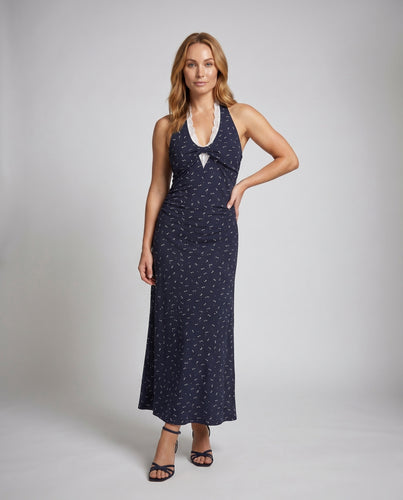 Damen Halterneck Maxikleid mit floralem Muster und schwingendem Rock