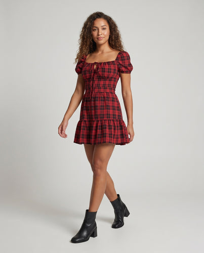 Damen Karo Maxikleid mit Puffärmeln und gerafftem Design