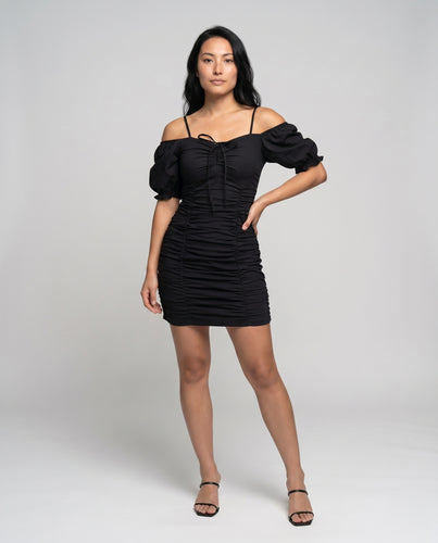 Damen Kleid mit kurzen Puffärmeln und dekorativem Raffungseffekt