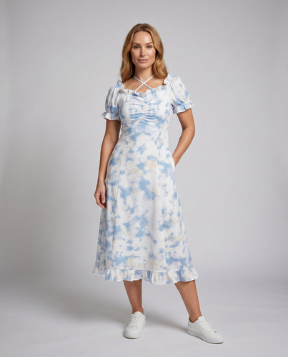 Damen Kurzarmkleid mit Dekorativen Schulterträgern