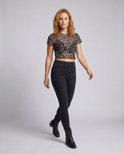 Damen Kurzes T-Shirt mit floralem Design und transparenter Struktur