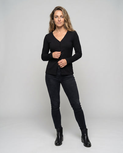 Damen Langarmshirt mit V-Ausschnitt und strukturiertem Rippenmuster