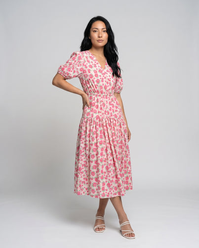 Damen langes Sommerkleid mit floralem Design und Puffärmeln