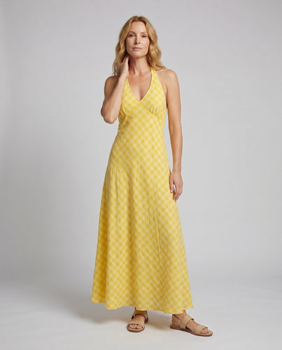 Damen lässiges Maxikleid mit V-Ausschnitt und Karomuster