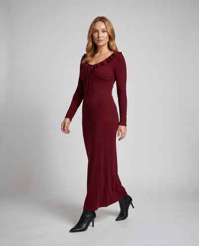 Damen Longsleeve Kleid mit elegantem V-Ausschnitt und Rüschendetails