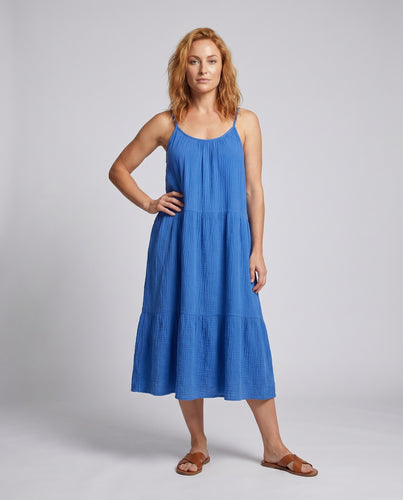 Damen luftiges Maxi-Kleid mit gerafftem Rock und Spaghettiträgern