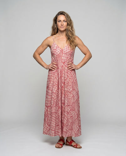 Damen luftiges Maxikleid mit verspieltem Karomuster und feinen Spaghettiträgern