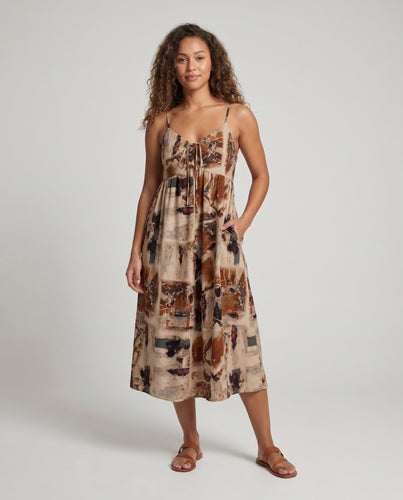 Damen Luftiges Midi-Kleid mit Spaghettiträgern und einzigartigem Kunstmuster