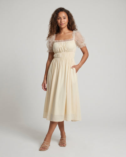 Damen luftiges Midikleid mit transparenten Puffärmeln