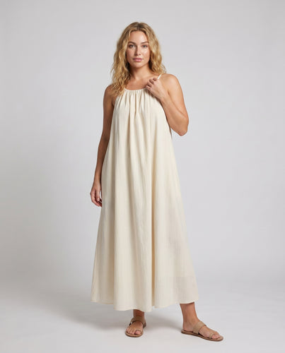 Damen luftiges Spaghettiträgers Maxikleid mit gerafftem Oberteil
