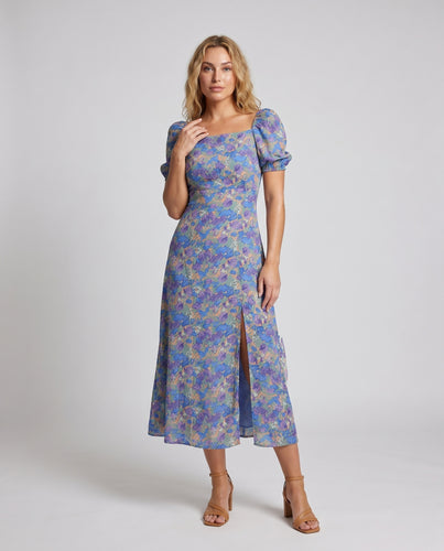 Damen Maxi-Blumenkleid mit Puffärmeln