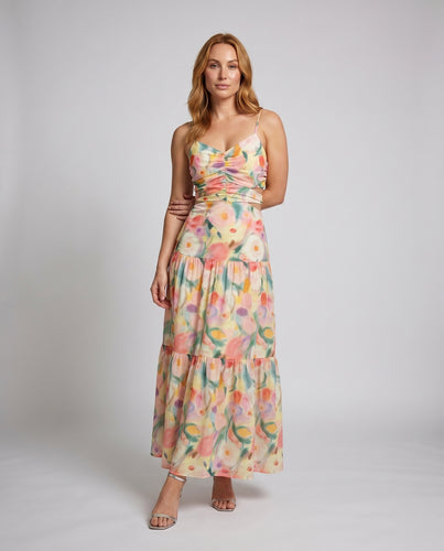 Damen Maxi-Kleid mit floralem Muster und femininer Raffung