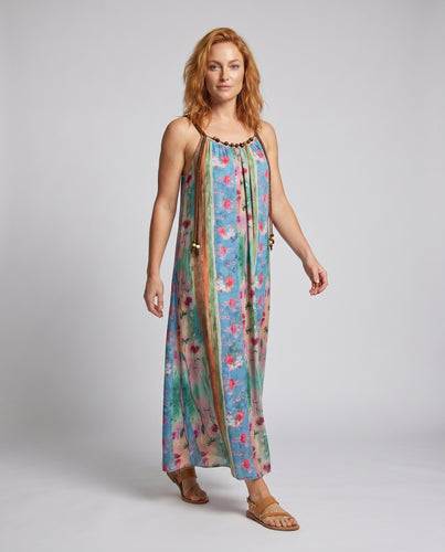 Damen Maxikleid mit buntem Streifenmuster und filigranen Trägerdetails