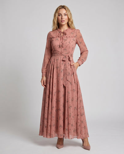 Damen Maxikleid mit floralen Mustern und eleganter Schleifenbindung