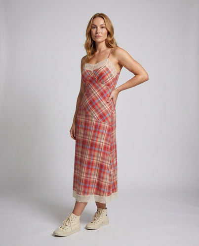 Damen Maxikleid mit kariertem Muster und eleganter Spitzenverzierung