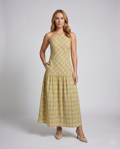 Damen Maxikleid mit kariertem Muster und haltem Design