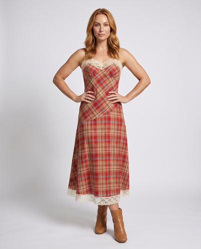 Damen Maxikleid mit Karo-Muster und Spitze
