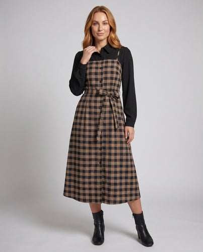 Damen Maxikleid mit Karomuster und Taillengürtel