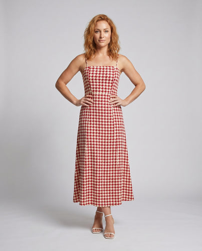 Damen Maxikleid mit modernem Hahnentrittmuster und seitlichem Schlitz
