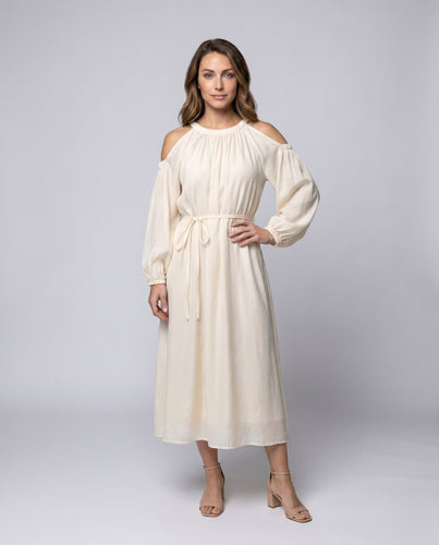 Damen Maxikleid mit schulterfreien Puffärmeln und elegantem Taillengürtel