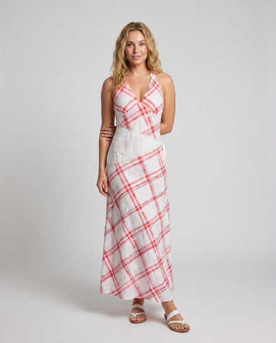 Damen Maxikleid mit V-Ausschnitt und stilvollem Karo-Muster