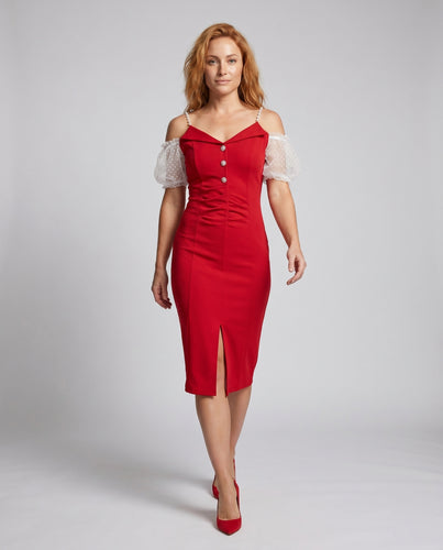 Damen Midi-Kleid mit durchsichtigen Puffärmeln und Knopfdetails