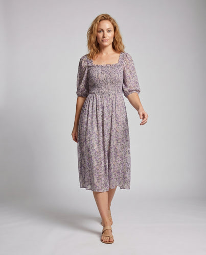 Damen Midi-Kleid mit elegantem elastischen Einsatz und transparenten Puffärmeln