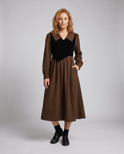 Damen Midi-Kleid mit elegantem Kragen und langen Ärmeln