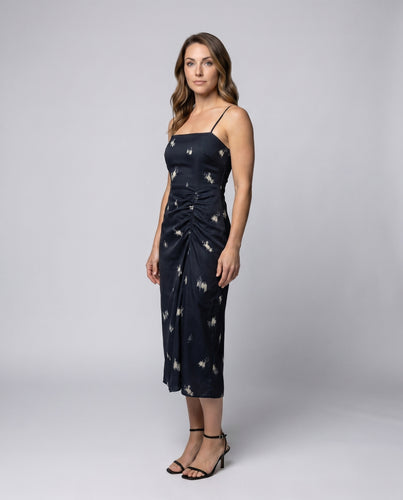 Damen Midi-Kleid mit floralen Stickereien und elegante Raffung