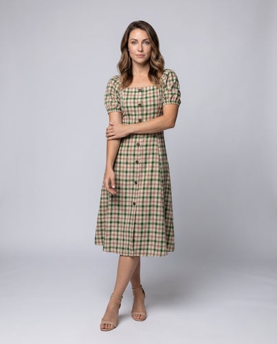 Damen Midi-Kleid mit Karomuster und Puffärmeln