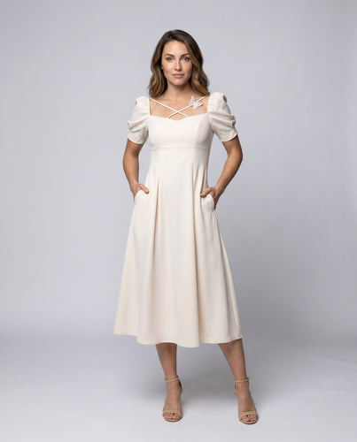 Damen Midi-Kleid mit Puffärmeln und eleganter Kreuzung